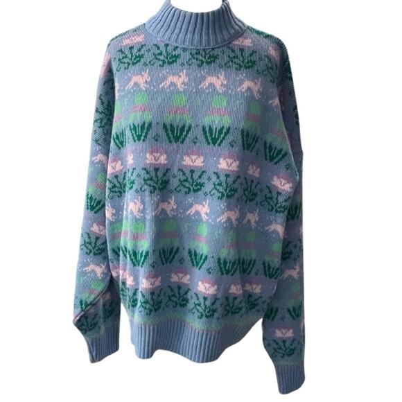 VINTAGE 80’s Pierre Cardin Blue and Green Bunny print Mock Neck Sweater Size XL - Picture 1 of 9
